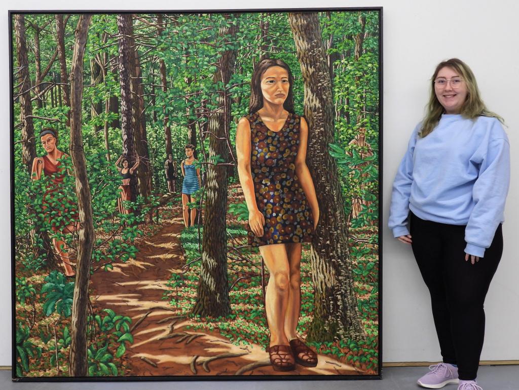 John F. Chambers Forest Female Figure Painting: John F. ChambersUnited States,20th Century Depicts six women in various outfits and poses at various distances around a forest path. Oil on canvas,Canvas 72" x 72".Frame 73 1/2" x 73 1/2" Unsigned. Fr
