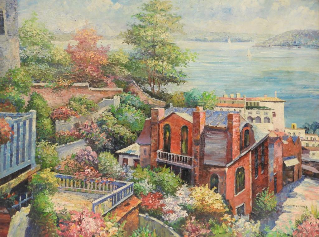 Manner of Edouard Cortes Parisian Street Painting: France,1882-1969 Impressionist depiction of a road lined by brick and stone buildings from a balcony overlooking lush greenery and a distant harbor. At the age of sixteen Cortes exhibited his first wo