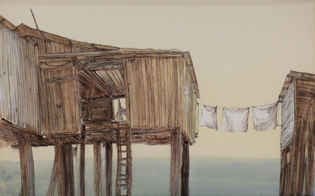 Impressionist Stilt HousesLaundry Painting: United States,20th Century Depicts two stilt houses overlooking the ocean with white sheets drying in the sea breeze. Watercolor on paper,Sight 15" x 24".Frame 26 3/8" x 34 1/2" Signed illegibly lower