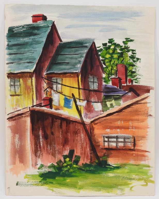 Diran Dohanian Architectural WC Painting: Diran DohanianMassachusetts,1931-2019 Impressionist depiction of a red and yellow house with clothes hanging out on the line to dry. Dohanian received a Master of Arts from Harvard University in 1955,