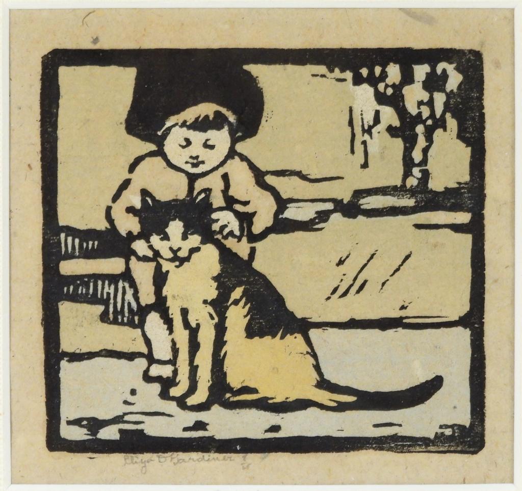 Eliza Draper Gardiner Child & Cat Woodblock Print (1 of 5)