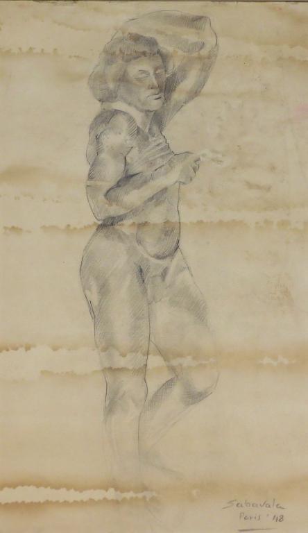 Jehangir Sabavala Nude Figure Study Drawing: Jehangir SabavalaIndia, France,1922-2011 Depicts a nude male, brushing back his hair with one hand while pushing up his shirt with the other. Sabavala was born to an affluent Parsi family, earning a d