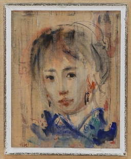 Edna Hibel Portrait of an Asian Girl Painting: Edna HibelMassachusetts, Florida,1917-2015 Depicts a young woman with hair tied up in a bun wearing a blue dress glancing off to the side. Oil on linen board,Board 10" x 8".Frame 17 1/4" x 15 1/4"