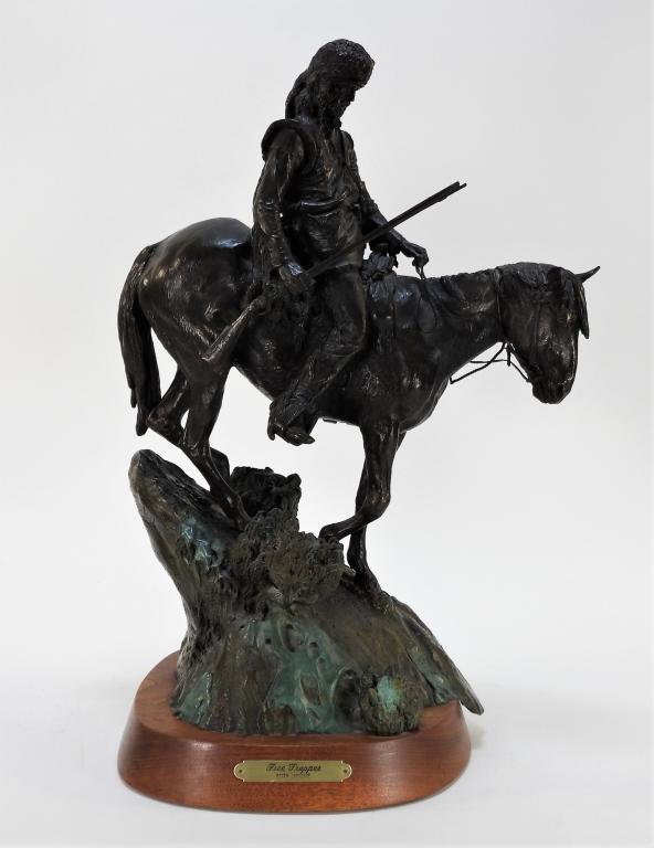 Keith Christie Western Trapper Bronze Sculpture: Keith ChristieCalifornia, Minnesota,1935-2017 Depicts a man in a fur cap on horseback holding a rifle. Christie had twelve 5' 6" stage coach bronze sculptures purchased by Wells Fargo to display in th