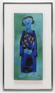 Joseph Trippetti Modernist Figure Enamel Plaque: Joseph TrippettiUnited States,b.1923 Titled "Flower Girl," depicts a girl dressed in blue holding a pink rose branch in her hands. Enamel on metal,Enamel 16" x 7".Frame 21 1/4" x 12 1/2" Signed "Tripp