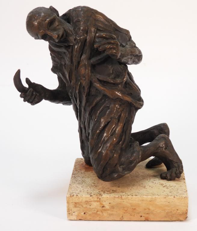 Don Saco Modernist Figure Bronze Sculpture: Don SacoUnited States,d. 2017 Depicts a kneeling figure in loose robes glancing to the side with a curved blade in his hand. Bronze,Overall approx. 9 1/2" t x 8" w x 5" d. Signed "Saco" on back leg. F