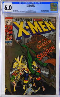 Marvel Comics X-Men #60 CGC 6.0: United States,1969 Marvel Comics X-Men issue 60 from September, 1969. The book featured the origin and first appearance of Sauron. CGC 6.0 w/ Cream/Off-White Pages 4037873017 CGC case 13" x 8"