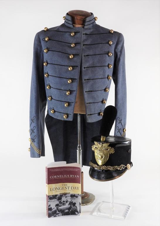 West Point Coatee and Cap Worn By Laurence Legere: United States,C. 1936 Cadet gray coatee with ball buttons and black trip, with three rows of gold soutache on each cuff, with a label on the inside marked "CADET STORE/WEST POINT" and dated 7-24-36, a