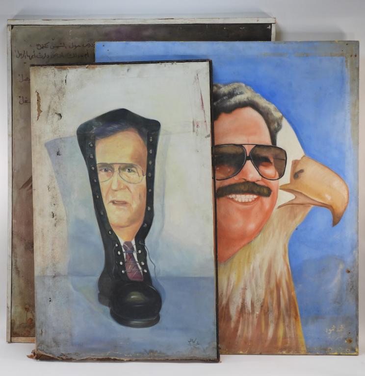 Three Iraqi Paintings: ,C. 1990s A painting of a combat boot with president George H. W. Bush in the boot, a painting of Saddam Hussein in sunglasses with an eagles head, and a painting of Saddam Hussein with an eagle with 