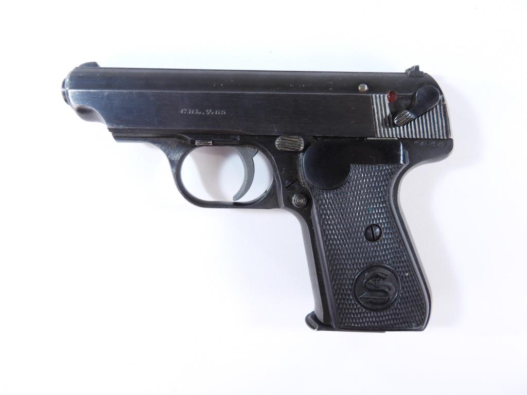 WWII German Sauer 38H Pistol: Germany,C. 1939-45 7.65mm, serial number 475479, checkered bakelite grips with Sauer logo, blued finish, marked on the left side of the slide "CAL. 7.65", with an eagle "N" waffenamt on the right rear