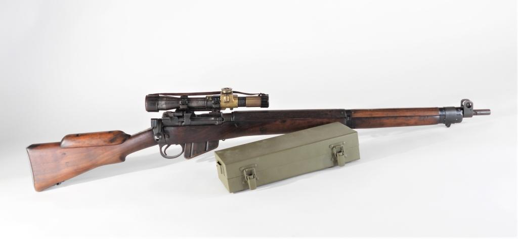 WWII British Enfield No. 4 MK. 1 "T" Sniper Rifle: England,C. 1944 .303 caliber, serial number 432552, walnut stock with cheek piece, blued finish, marked on the left side of the receiver "T/No. 4 MK. I", marked on the left side of the receiver ring w