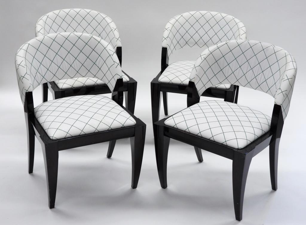 4PC Mitchell Pickard Brueton Willow Chairs: Mitchell Pickard United States,20th Century Rounded leather back chairs with square leather seats supported by tapered black lacquered legs. Leather, wood,Approx. 32" t x 22" w x 24" d.Seat height 19"
