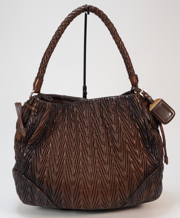 Prada Brown Leather Woodgrain Tote Bag Purse (1 of 5)