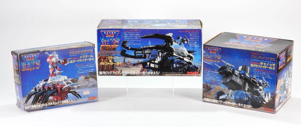 3PC 1985 Tomy RATS Robot Model Toy Group Unused: United States,1985 Group includes 1985 Tomy R.A.T.S. (Robot Anti Transformation Squad) Grappler and Delfighter S-1, Cannossa and Delfighter S-2, and Megohm and Darksider G-4, all with unused contents 