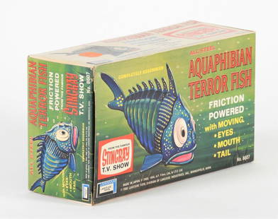 1966 Lakeside Stingray Aquaphibian Terror Fish Toy: Japan,1966 1966 Lakeside Toys Stingray Aquaphibian Terror Fish tin friction toy, Box C8 with light shelf wear including corner and edge wear, small areas of light creasing, overall very good condition