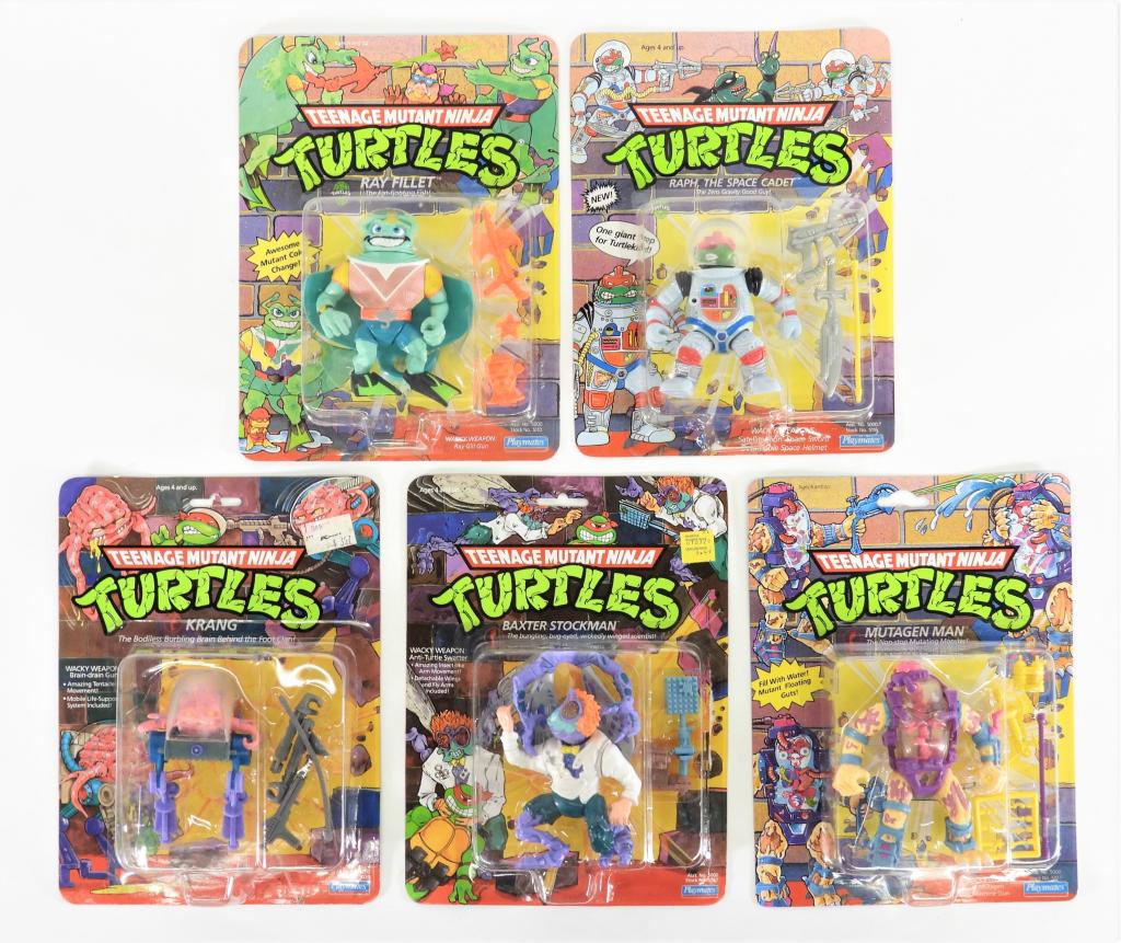 5PC Playmates Teenage Mutant Ninja Turtles MOSC: United States,1989-1990 Group includes 1989 Playmates Teenage Mutant Ninja Turtles Baxter Stockman, Krang, and 1990 Mutagen Man, Ray Fillet, and Raph, The Space Cadet, all factory sealed C7.5+ with li