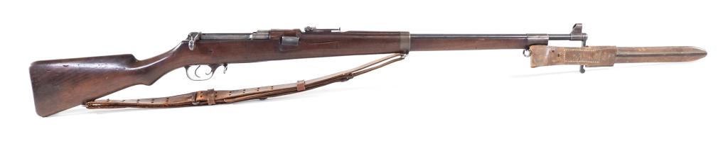 WWI U.S. Marked Ross Model 1905 Rifle and Bayonet: Canada,C. early 20th century .303 caliber, NSN, walnut stock with markings on the right side of the butt, and "US/7606" stamped behind the trigger guard, marked on the left side of the receiver "ROSS 