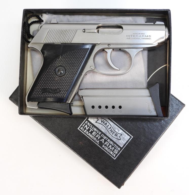 Walther TPH .22 Pistol: United States, .22 LR caliber, serial number T004361, black checkered plastic grips marked "WALTHER", stainless finish, marked on the left side of the slide "UNDER LICENSE OF/CARL WALTHER WAFFENFABRIK