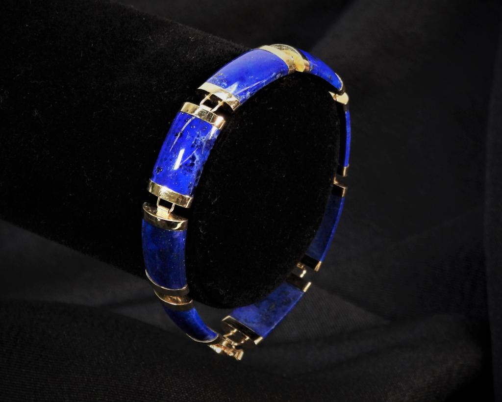 14K Signed Chinese Gold & Lapis Lazuli Bracelet (1 of 10)