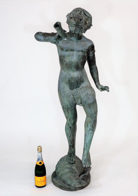 Figural Nude Bronze Horn Musician Fountain Topper: United States,20th Century Depicts one nude figure covered in flowers playing a horn while balanced over a shell. Bronze,Approx. 52" t x 21" w x 21" d.Base diameter 14" From the collection of a North 