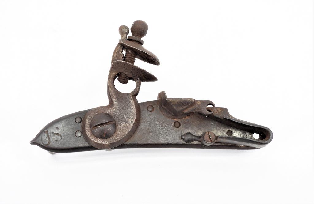 US-marked French Model 1763/66 Musket Lock: France,C. 1760s Lock plate marked on the tail with a "US" .42" in height, very light "Charleville" in front of the cock, reinforced cock, and light lock makers markings on the inside of the plate. Ove