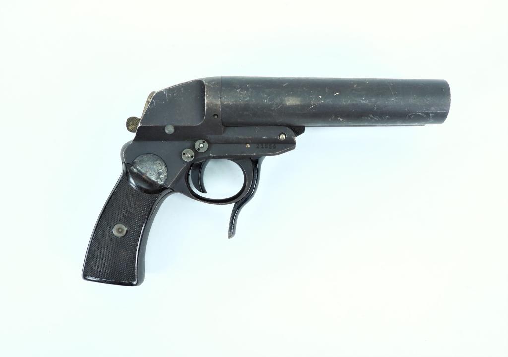 WWII German Model L Double-barrel Flare Pistol: Germany,C. 1942 27mm, serial number 21554, brown checkered Bakelite grips, matte black finish, marked on the left front of the frame "FL 24483", marked on the left rear of the frame above the grip "19