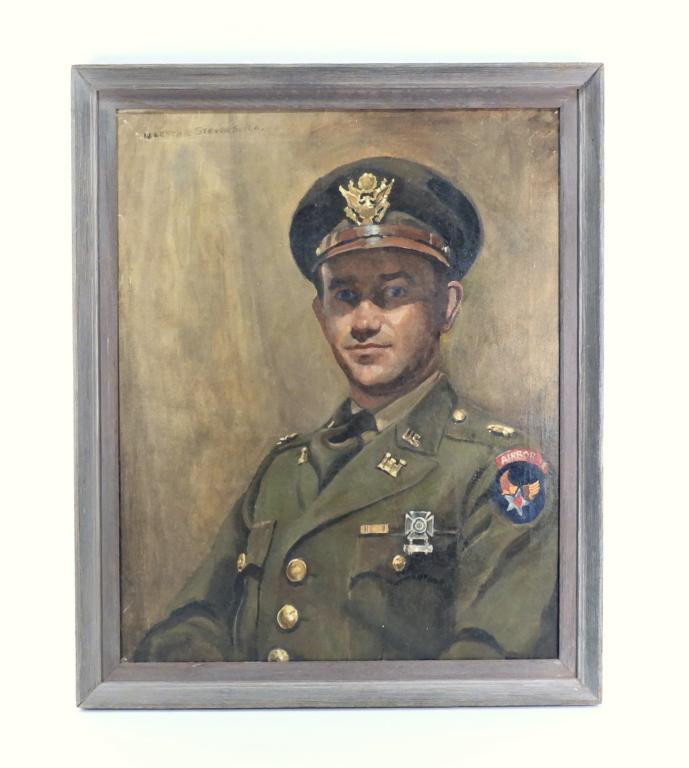 William Lester Stevens WWII Officer Portrait: United States,C. 1940s Oil on canvas portrait of an Army Air Corps Airborne Engineer officer with the Army Air Corps patch and "AIRBORNE" arc sewn above, marksman badge and Asiatic-Pacific ribbon abov