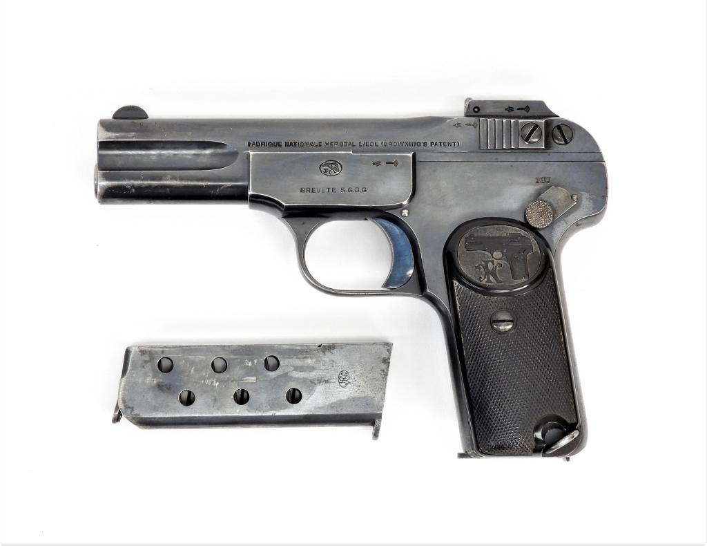 FN Browning Model 1900 Pistol: Belgium,C. early 20th century 7.65 caliber, serial number 4614, black checkered Bakelite grips with a pistol and "FN" in a cartouche, blued finish, marked on the left side of the slide "FABRIQUE NATIO
