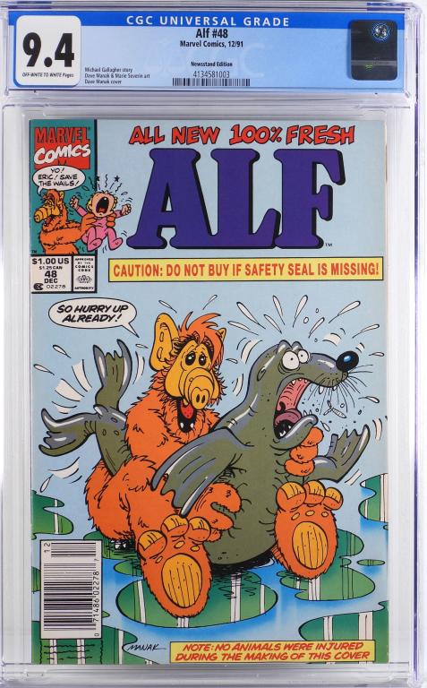 Marvel Comics Alf #48 CGC 9.4 Newsstand: United States,1991 Marvel Comics Alf issue 48 from December, 1991. The book featured a classic risque cover by Dave Manak, newsstand variant. CGC 9.4 w/ Off-White/White Pages CGC case 13" x 8",4134581