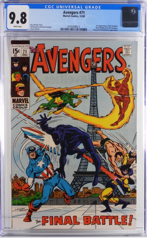 Marvel Comics Avengers #71 CGC 9.8: United States,1969 Marvel Comics Avengers issue 71 from December, 1969. The book featured the first appearance of the Invaders and Black Knight joins the Avengers. Per the CGC census 32 in 9.8, 0 high