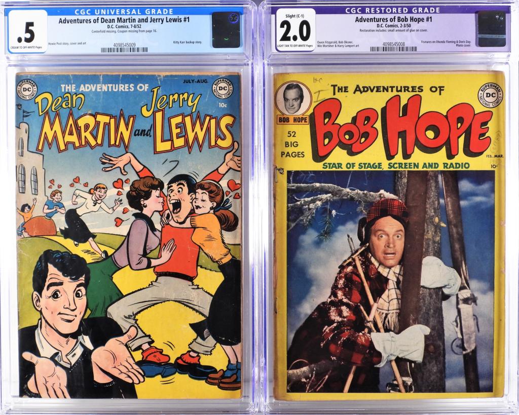 2PC DC Bob Hope Dean Martin Jerry Lewis #1 CGC: United States,1950-1952 Group includes D.C. Comics Adventures of Bob Hope #1 (CGC 2.0 C-1 w/ LT/OWP) and Adventures of Dean Martin and Jerry Lewis #1 (CGC 0.5 w/ Cr/OWP, centerfold missing, coupon mis