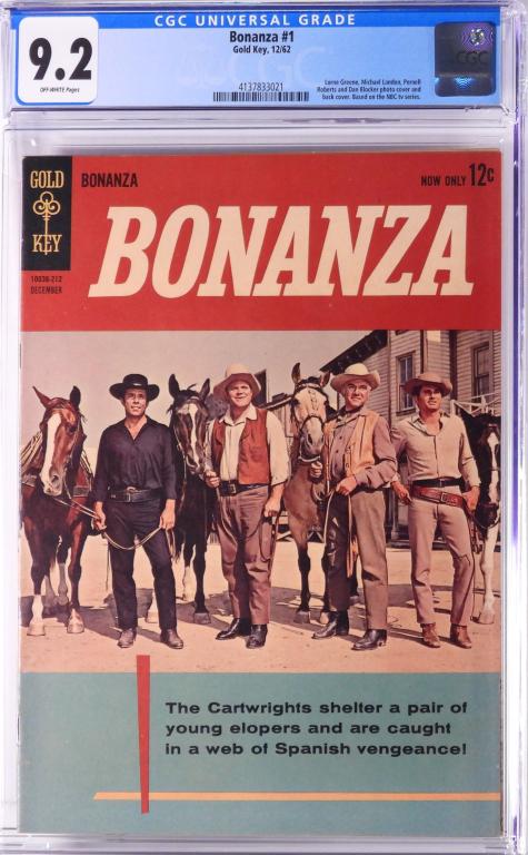 Gold Key Bonanza #1 CGC 9.2: United States,1962 Gold Key Bonanza issue 1 from December, 1962. Based on the NBC television series the book featured a Lorne Greene, Michael Landon, Pernell Roberts, and Dan Blocker photo cover. Per