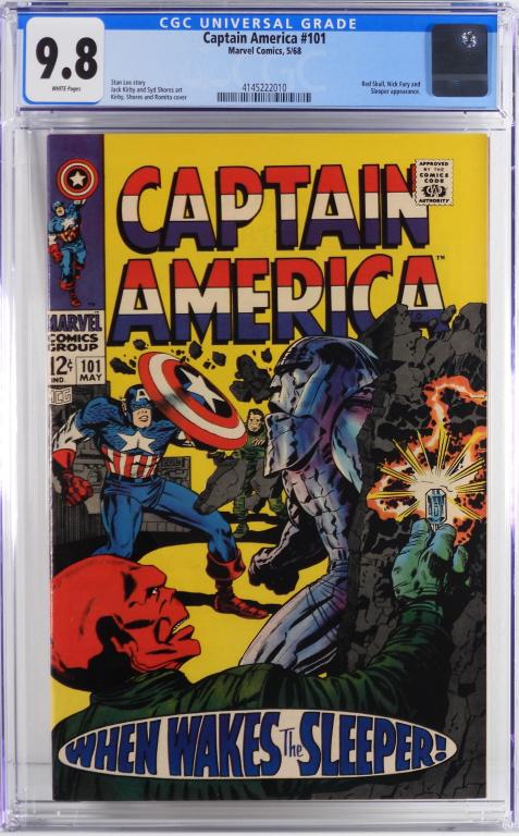 Marvel Comics Captain America #101 CGC 9.8: United States,1968 Marvel Comics Captain America issue 101 from May, 1968. The book featured a Red Skull, Nick Fury, and Sleeper appearance. Per the CGC census 11 in 9.8, 0 higher. One of the finest c