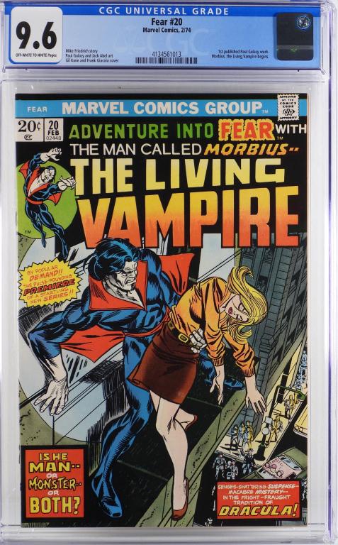 Marvel Comics Fear #20 CGC 9.6: United States,1974 Marvel Comics Fear issue 20 from February, 1974. The book featured the first published Paul Gulacy work with cover art by Gil Kane and Frank Giacoia. CGC 9.6 w/ Off-White/White Page
