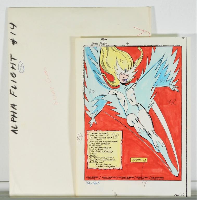Marvel Comics Alpha Flight #14 Comp. Color Guide: United States,1984 Complete original story color guide to Marvel Comics Alpha Flight issue 14 from September, 1984. Includes all 22 stat paper pages of artwork by John Byrne hand-colored by Andy with 