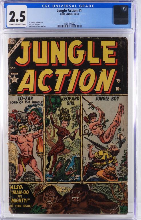 Atlas Comics Jungle Action #1 CGC 2.5: United States,1954 Atlas Comics Jungle Action issue 1 from October, 1954. The book featured cover art by Joe Maneely. Per the CGC census 1 in 2.5, 17 higher. CGC 2.5 w/ Cream/Off-White Pages CGC case 