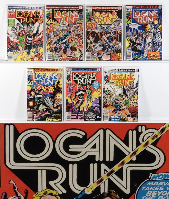 Marvel Comics Logan's Run #1-#7 High Grade Run: United States,20th Century Group includes Marvel Comics Logan's Run #1-#7. This is a high grade group, book condition ranges approximately 8.0 to 9.2+, please refer to photographs. Board 10 1/2" x 6 3