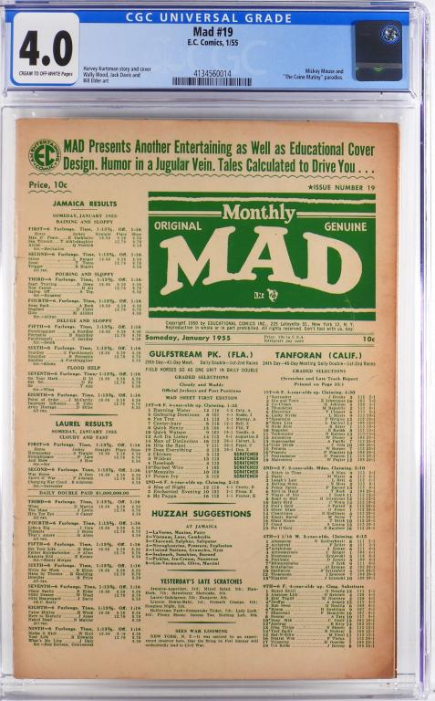 EC Comics Mad #19 CGC 4.0: United States,1955 E.C. Comics Mad issue 19 from January, 1955. The book featured a Mickey Mouse and "The Caine Mutiny" parodies. CGC 4.0 w/ Cream/Off-White Pages CGC case 13" x 8",4134560014 From the