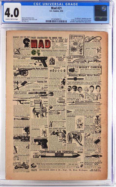 EC Comics Mad #21 CGC 4.0: United States,1955 E.C. Comics Mad issue 21 from March, 1955. The book featured the first Alfred E. Neuman on cover in fake ad. and a Superduperman appearance. CGC 4.0 w/ Slightly Brittle Pages CGC ca