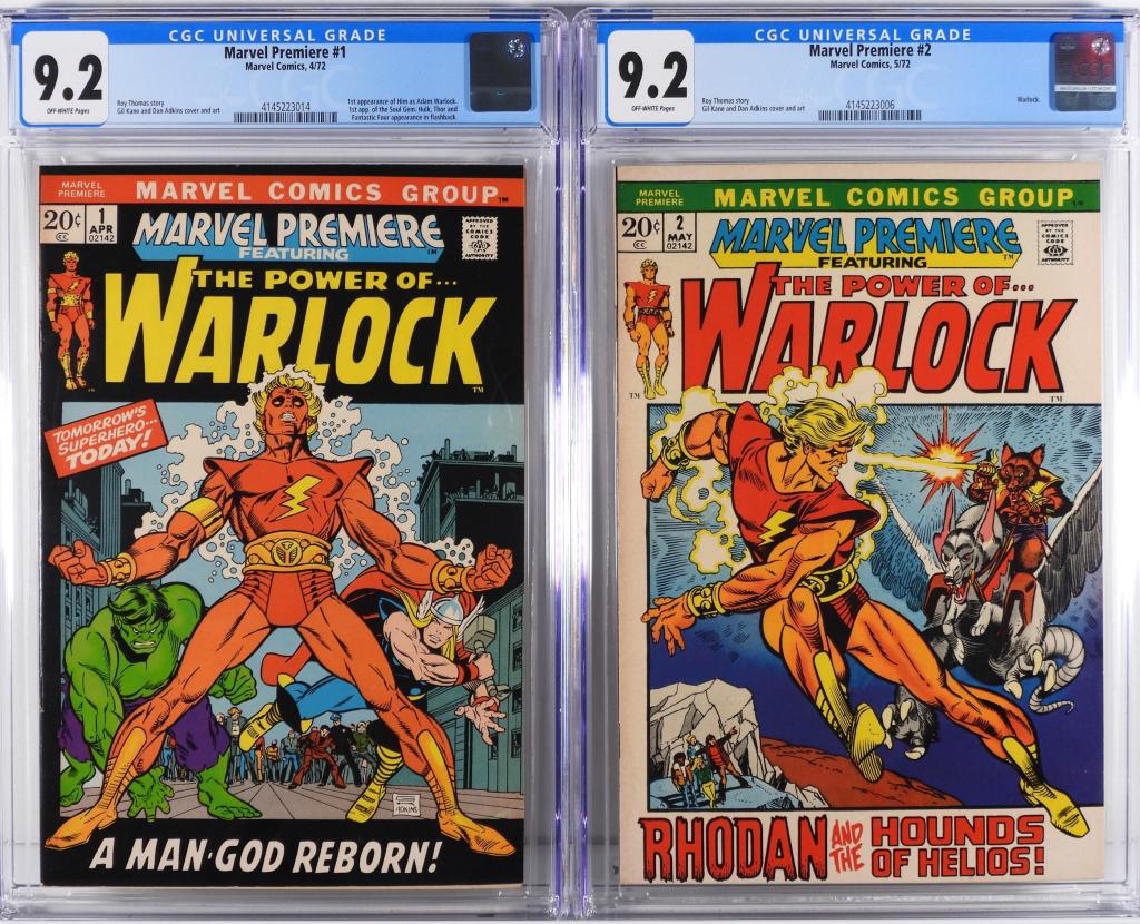 2PC Marvel Comics Marvel Premiere #1 #2 CGC 9.2: United States,1972 Group includes Marvel Comics Marvel Premiere #1 (1st app. Him as Adam Warlock, CGC 9.2 w/ OWP) and #2 (CGC 9.2 w/ OWP). CGC case 13" x 8", From the collection of Andy Yanchus, Brook