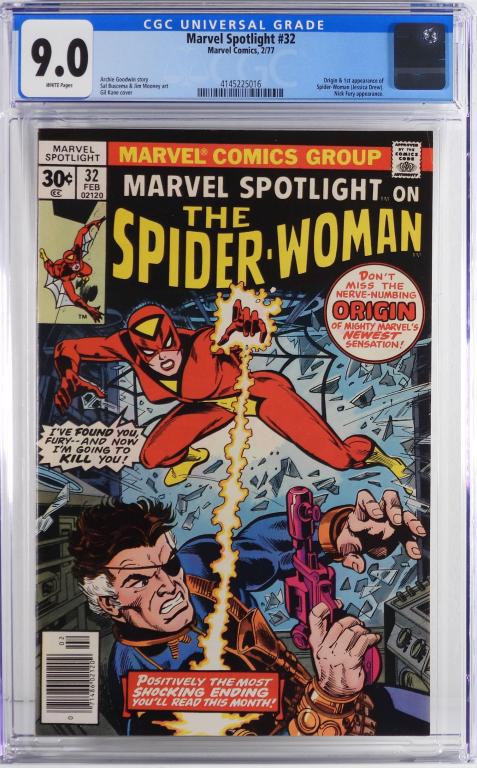 Marvel Comics Marvel Spotlight #32 CGC 9.0: United States,1977 Marvel Comics Marvel Spotlight issue 32 from February, 1977. The book featured the origin and first appearance of Spider-Woman and a Nick Fury appearance. CGC 9.0 w/ White Pages CGC