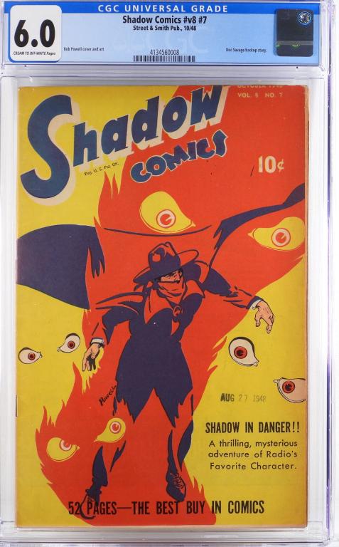 Street & Smith Pub. Shadow Comics #v8 #7 CGC 6.0: United States,1948 Street & Smith Publications Shadow Comics volume 8 issue 7 from October, 1948. The book featured a Doc Savage backup story. CGC 6.0 w/ Cream/Off-White Pages CGC case 13" x 8",413456