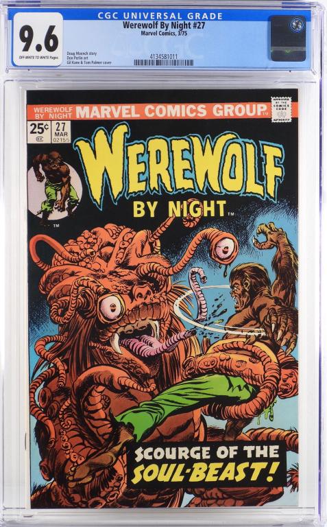 Marvel Comics Werewolf By Night #27 CGC 9.6: United States,1975 Marvel Comics Werewolf By Night issue 27 from March, 1975. The book featured cover art by Gil Kane and Tom Palmer. CGC 9.6 w/ Off-White/White Pages CGC case 13" x 8",4134581011 From
