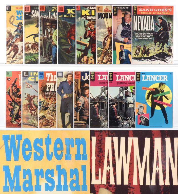 33 Dell Gold Key Golden Silver Age Western Comics: United States,20th Century Group includes Dell Publishing Four Color #616, #640, #807, #993, #1142, #1163, Ben Bowie and his Mountain Men #10, Indian Chief #21, Blue Phantom #1, Lawman #3 and #5-#11, 