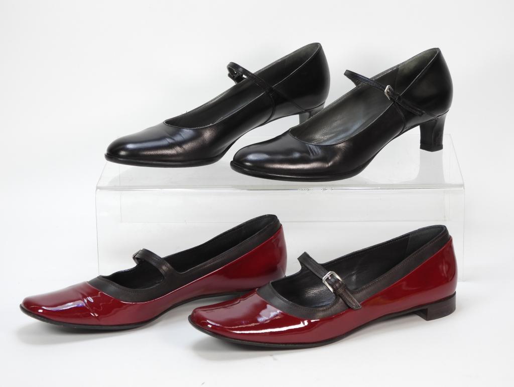 2PR Jil Sander Mary Jane Shoes Size 40: Includes a pair of black Mary Jane style heels with silver metal buckles, and a pair of red patent leather Mary Jane shoes with black leather throat and silver metal buckles. Guaranteed authentic with