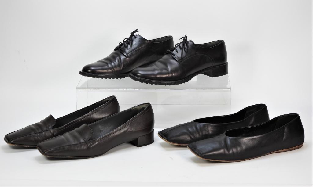 3PR Jil Sander Leather Flats Size 40: Includes a pair of black oxfords, a pair of black leather square toed flats, and a pair of brown leather square toed loafers. Guaranteed authentic with original boxes and dust bags. Leather,Each size