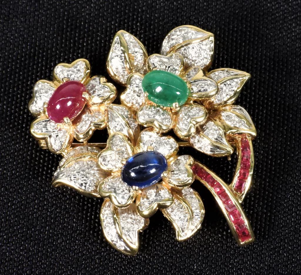 18K Gold Diamond Ruby Emerald Sapphire Brooch (1 of 7)