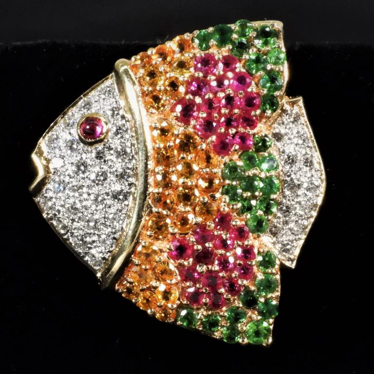 18K Gold Diamond & Gemstone Fish Pin (1 of 8)