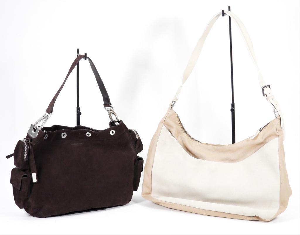 2PC Jil Sander Suede & Leather Bags: ., Includes a tan canvas bag with cream suede pockets, zip closure, and single leather handle; and a brown suede bag with silver metal snap button closure and single handle. Guaranteed authentic with