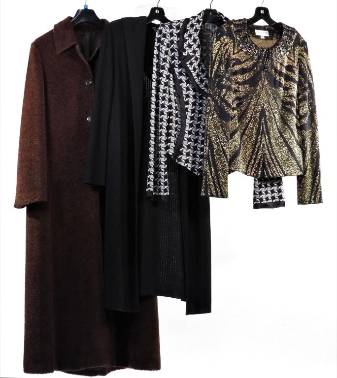 4PC St. John & Other Knit Jackets Size 8-12: ., Includes a St. John white and black hounds tooth jacket size 12, a St. John black zip up jacket with yellow stripe pattern size 8, a St. John black long knit cardigan with waist belt size 10, and a